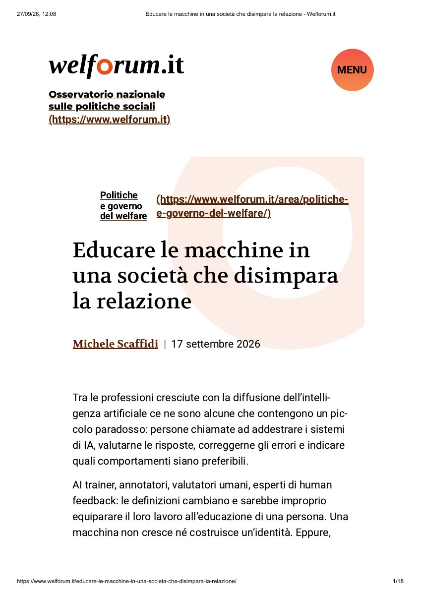 Anteprima della pubblicazione Educare le macchine in una società che disimpara la relazione