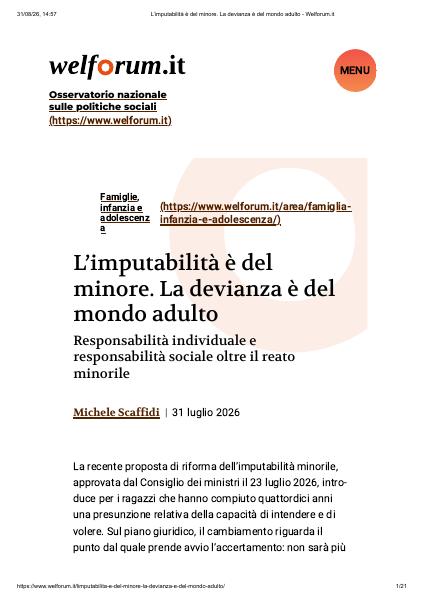 Anteprima della pubblicazione L’imputabilità è del minore. La devianza è del mondo adulto