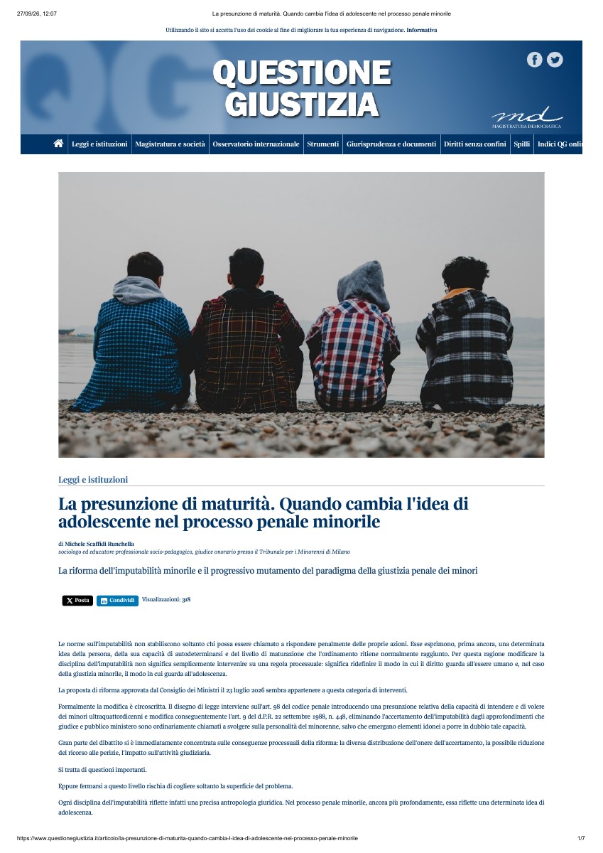 Anteprima della pubblicazione La presunzione di maturità. Quando cambia l’idea di adolescente nel processo penale minorile