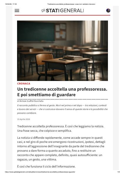 Anteprima della pubblicazione Un tredicenne accoltella una professoressa. E poi smettiamo di guardare