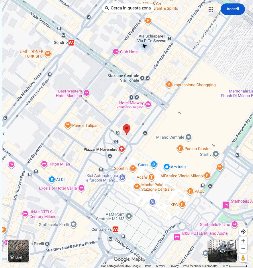 Mappa della sede operativa in Piazza IV Novembre 4, Milano, vicino a Centrale FS